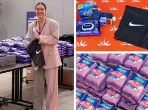 Nadya Okamoto, founder of Period.org and Its August, helps pack bags for New Yorkers filled with her products.