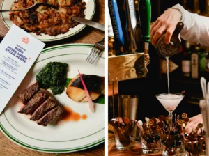 Peter Luger's signature steak paired with Nobu's black miso next to Lychee martinis. 