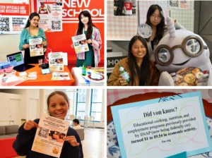 Niav Lorenzo and Akanksha Mahanti table at The New School to raise awareness around campus pantry resources and food insecurity.