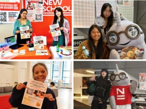 Niav Lorenzo and Akanksha Mahanti table at The New School to raise awareness around campus pantry resources and food insecurity.